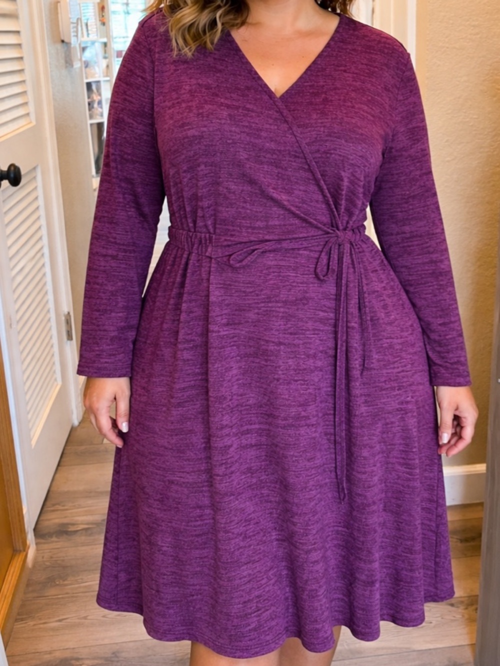 Tacera Wrap-Style Midi Dress in Rich Heathered Plum